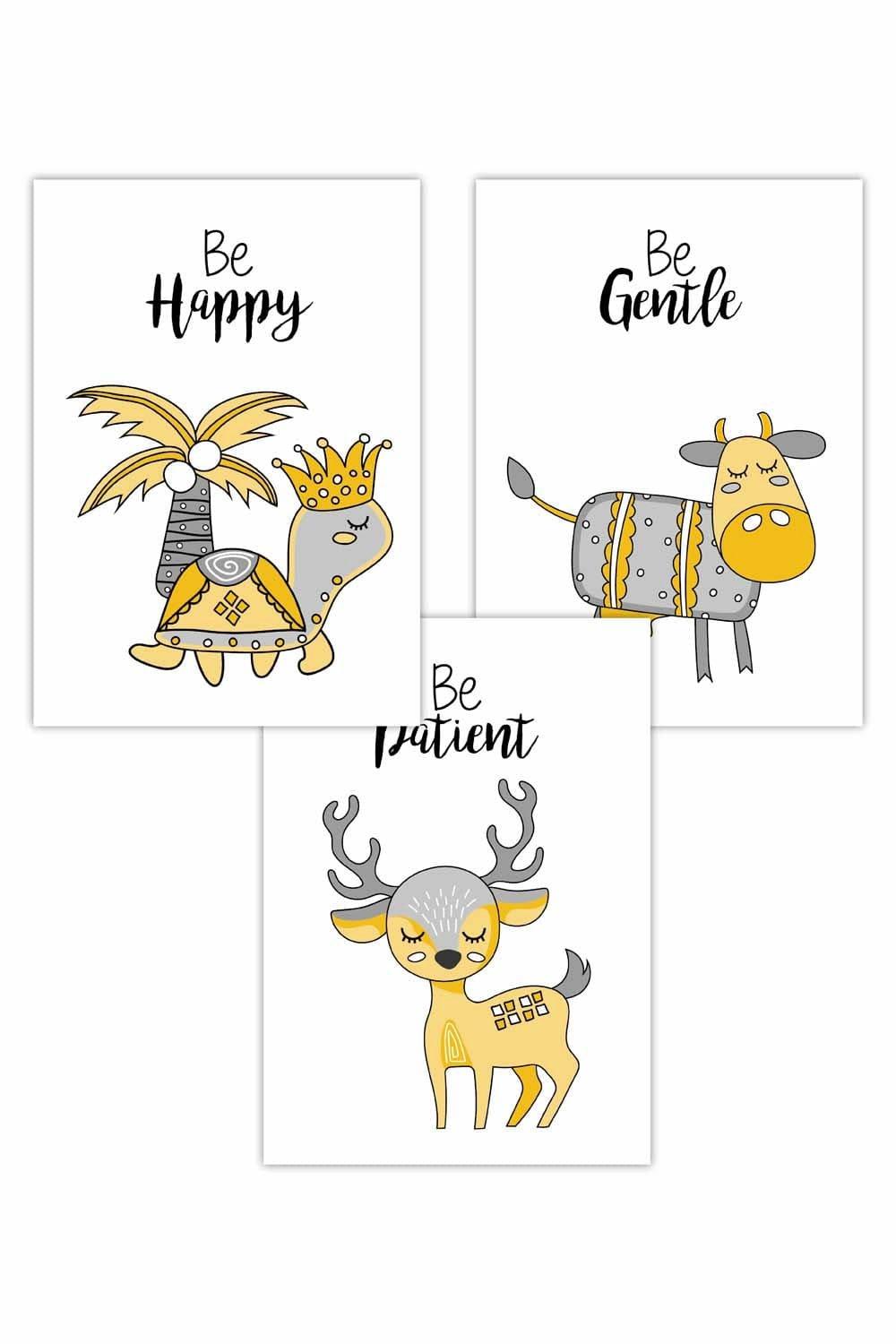 Set of 3 Scandi Nursery Deer Animals Quote Yellow Grey Art Posters